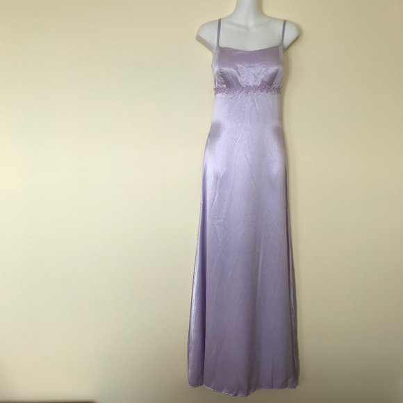 Light Purple Satin Formal Maxi Spaghetti Strap Dress with Beaded Daisy Trim - Picture 1 of 5